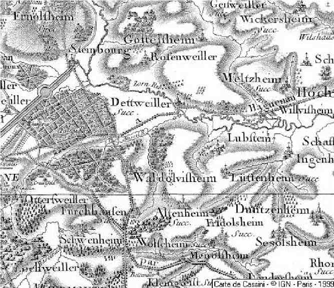Old map showing Waldolwisheim (center) and Wilwisheim (to upper right of Waldolwisheim).