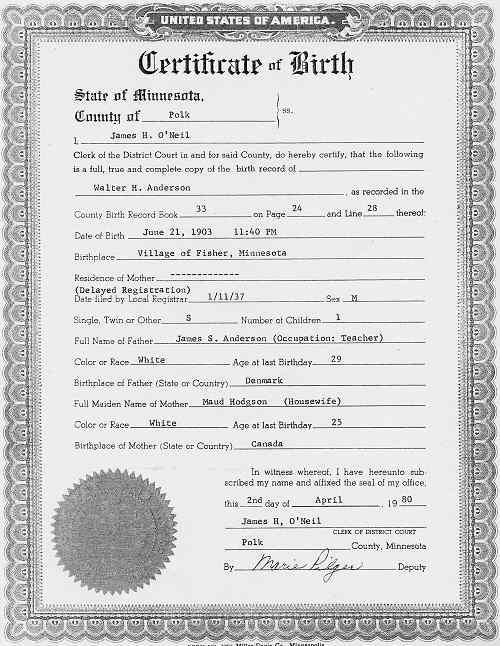 Birth Certificate of Walter H. Anderson