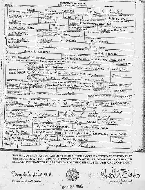 Death Certificate of Walter H. Anderson