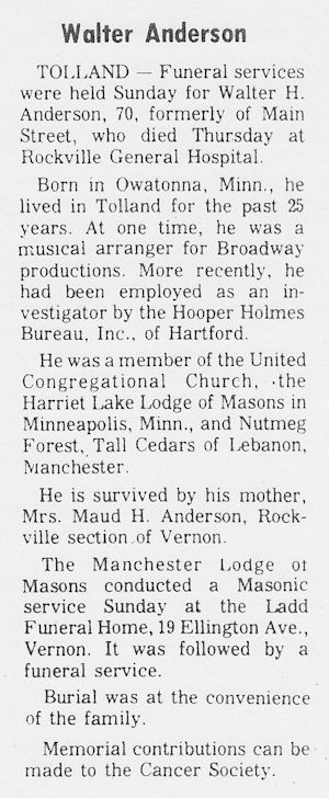 Obituary of Walter Anderson, Journal Inquirer, Tues. July 10, 1973, p. 9