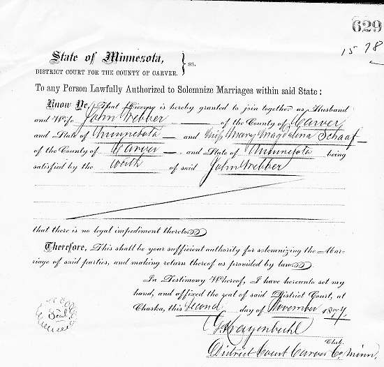 Marriage License of Maria Magdalena Schaaf and John Webber.