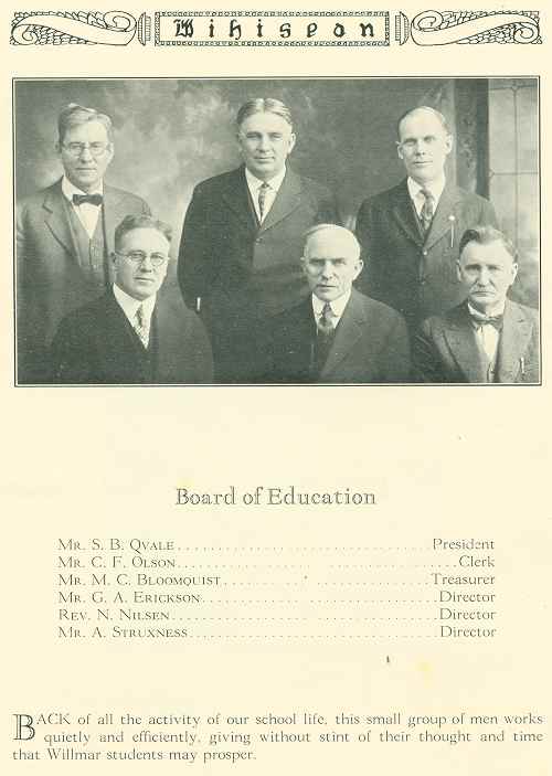 Board of Education, Willmar, MN from 'Wisiheon' yearbook, 1927.