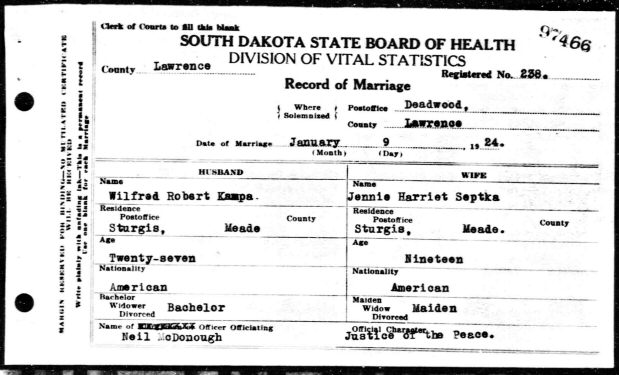 Record of Marriage of Wilfred Robert Kampa and Jennie Harriet Septka