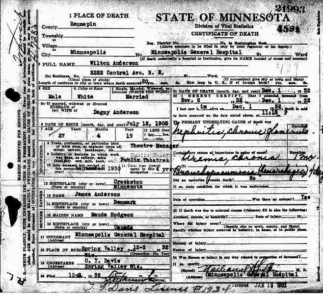 Certificate of Death for Wilton Anderson.