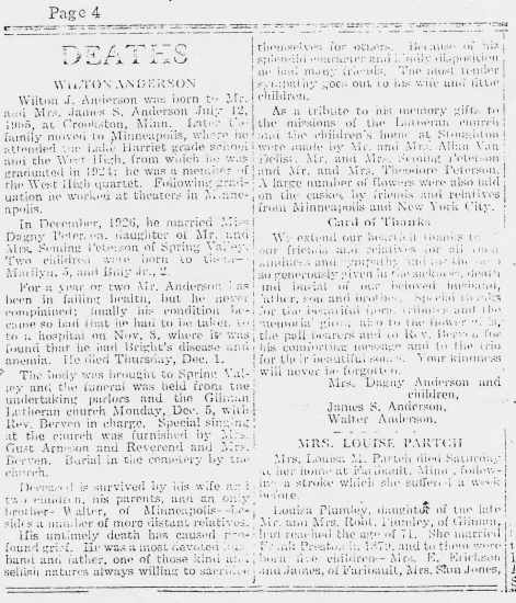 Obituary of Wilton Anderson, Spring Valley, Wisconsin