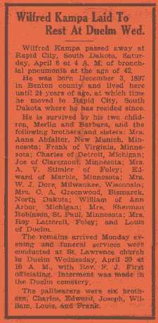 'Wilfred Kampa Laid To Rest At Duelm Wed.'