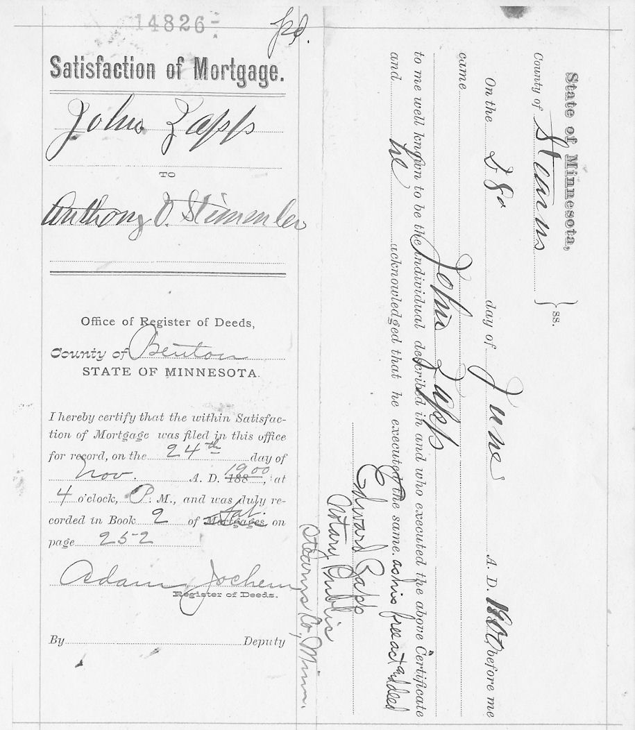 Satisfaction of Mortgage, John Zapp to Anthony V. Stimmler, Nov. 24, 1900