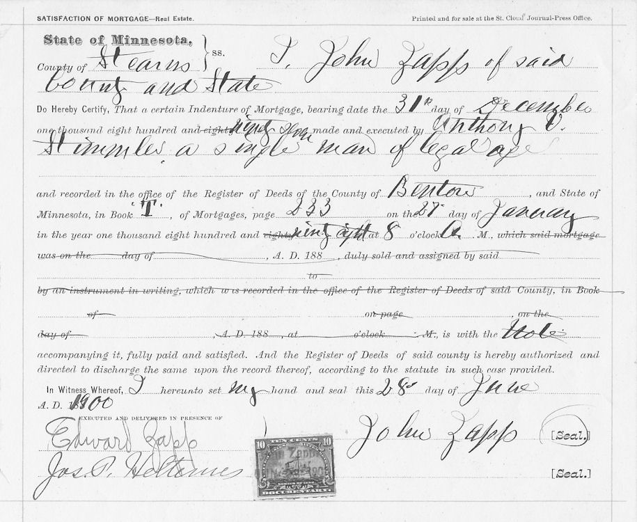 Satisfaction of Mortgage, John Zapp to Anthony V. Stimmler, Nov. 24, 1900