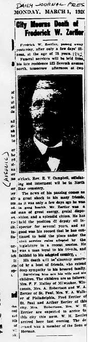 Obituary of Frederick 'Fritz' William Zertler.