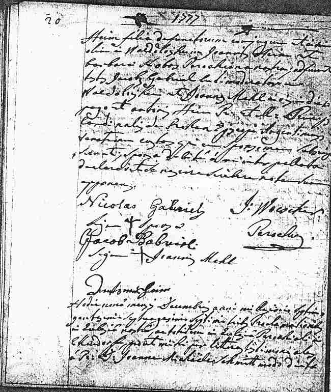 First page of Sts-Pancrace-et-Boniface Parish Marriage Record of Jean Zinck and Barbara Gl&ouml;ckler, December 9, 1777.