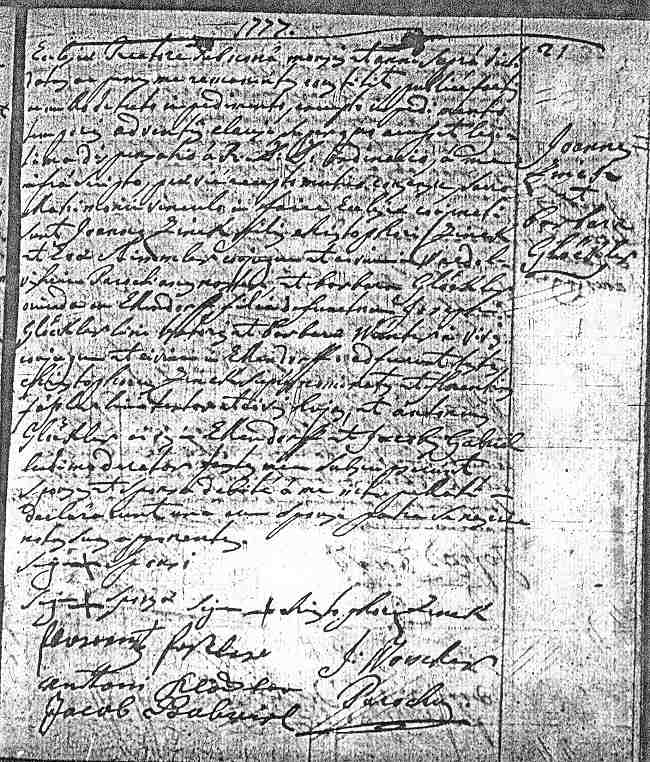 Second page of Sts-Pancrace-et-Boniface Parish Marriage Record of Jean Zinck and Barbara Gl&ouml;ckler, December 9, 1777.
